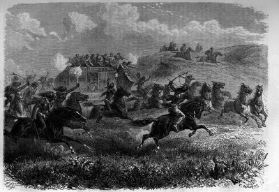 Red Skin Riders attacking a diligence in the Prairie. Engraving in 
