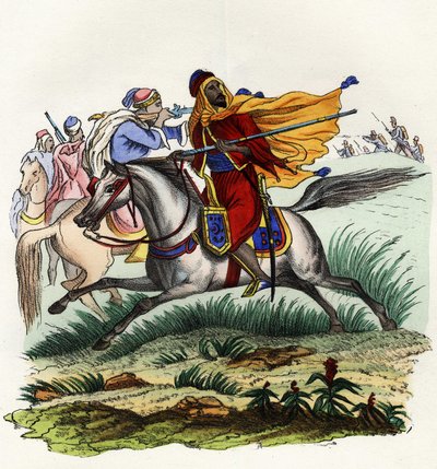 Red horsemen of Emir Abd-el-Kader fleeing in front of the hunters of the French army of Africa in Oran in 1841. In 