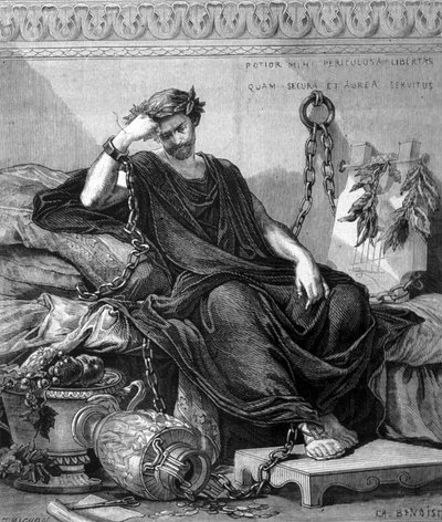 Representation of Damocles among the victuals of the feast during which Denys the Elder had him hang a sword above his head to show him the fragility of happiness. Engraving of the 19th century by Unknown artist