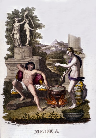 Representation of Medea preparing his curses after the cycle of Argonauts. Engraving of the 19th century. by Unknown artist
