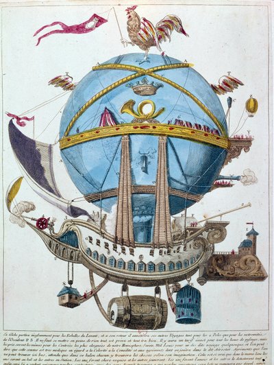 Representation of a journey in a balloon, satirical engraving of the 18th century by Unknown artist