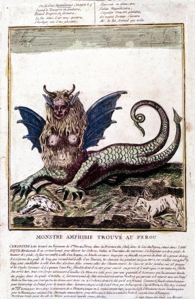 Representation of a monster found in a Peru lake: it has a human face, horns, dragon wings, a lion