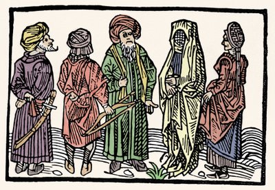 Representation of buckwheat. Men with arms with intertwined heads and veiled women. Xylography of the 15th century by Unknown artist