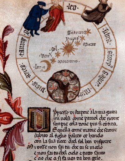 Representation of the Italian poet Dante Alighieri and the ptolemaic system - Miniature by Unknown artist