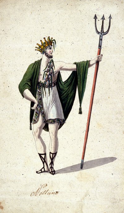 Representation of the Roman God Neptune Holding a Trident. Watercolour of the 18th Century by Unknown artist
