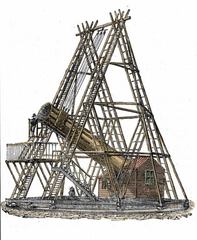Representation of the telescope of the English astronomer William Herschel (1738-1822). Engraving of the 19th century by Unknown artist