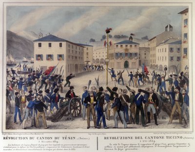 Revolution of the Canton of Ticino in Switzerland on 5 December 1859. Engraving of the 19th century by Unknown artist