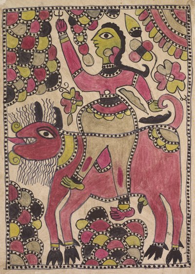 Rider and Four-Legged Bovine Creature in Mauve, Chartreuse and Black Palette by Unknown artist