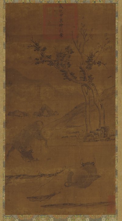 River Landscape: Two Water Buffaloes and a Napping Herd-boy by Unknown artist