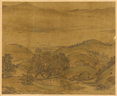 River Landscape: A Willow and Other Trees, Rolling Hills, and a High Mountain Range by Unknown artist