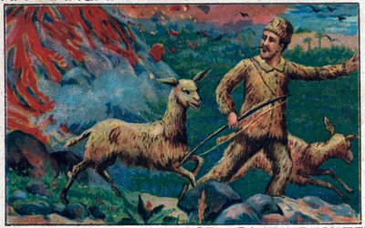 Robinson escapes from a volcanic explosion. Illustration for the book of Daniel Defoe 