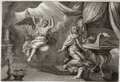 Royaumont Bible, New Testament: Annunciation of the Virgin. Archangel Gabriel has come to deliver a message to Mary. Illustration from 1811. by Unknown artist