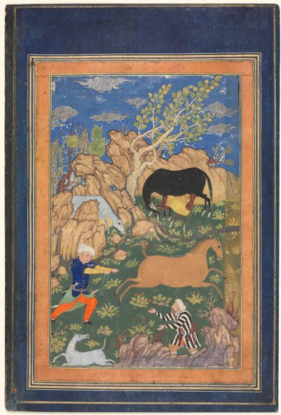 Rustam Lassoing his Horse, Rakhsh, in a Landscape (recto) by Unknown artist