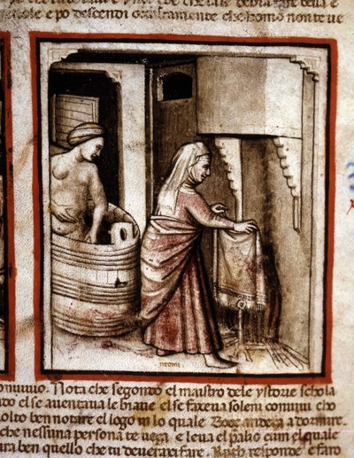 Ruth makes her toilet with the help of her mother-in-law Noemi before sleeping in the bed of her husband Boaz. Book of Ruth. Miniature from codex 212 (or padovano codice or Bible of Padua) 1390-1400 Rovigo, Accademia dei Concordi by Unknown artist