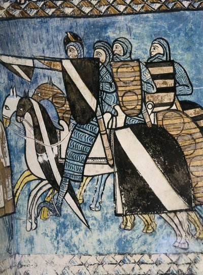 Castilian Army, Group of Christian Soldiers Riding Horses. 14th c. Fresco Painting on 