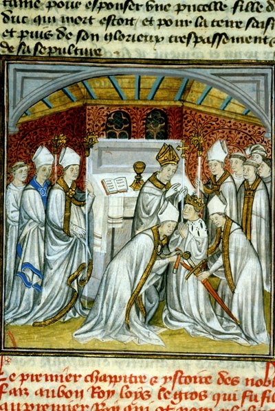 Sacre of Louis VI (1108) - Illumination of manuscript on velin of the Middle Ages “Great Chronicles of Saint-Denis” late 14th century by Unknown artist