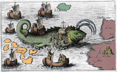 Saint Brendan (Brandan), hero and Irish saint of the 6th century, celebrating Mass on the back of the Giant Whale Jasconius. Legend says that his boat was carried on the back of a whale. Colourful engraving 17th century by Unknown artist