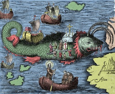 Saint Brendan (Brandan), hero and Irish saint of the 6th century, represents celebrating Mass on the back of the Giant Whale Jasconius. Legend says that his boat was carried on the back of a whale. Coloured engraving from Nova Tipus Transacto Navigatio by Unknown artist