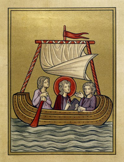 Saint Paul, Saint Sylvain (or Silas) and Saint Timothy on a boat - from miniature by Unknown artist