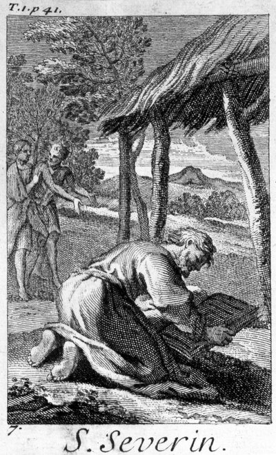 Saint Severin, Evangelizer of the Noric (Present-Day Austria), Reading. 17th Century Engraving by Unknown artist