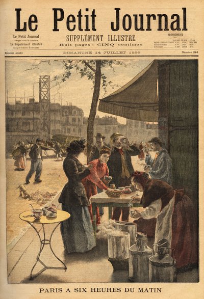 Saleswoman of soup and milk coffee, held under the cocheres doors at 6 am for the open-air breakfast of Parisian workers. Engraving in Le petit journal 14/07/1895. Selva