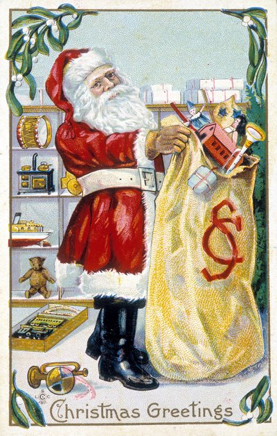 Santa Claus preparing gifts - Christmas card. American greeting card late 19th century by Unknown artist