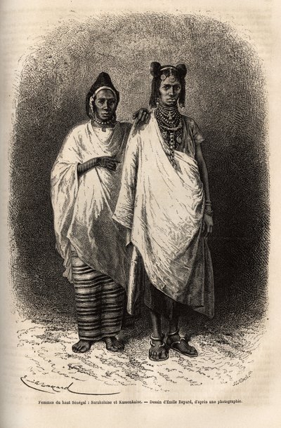 Sarakolese and Kassonkese women, populations of Upper Senegal, in traditional clothes. Engraving to illustrate a cruise on the coast of Africa by Unknown artist