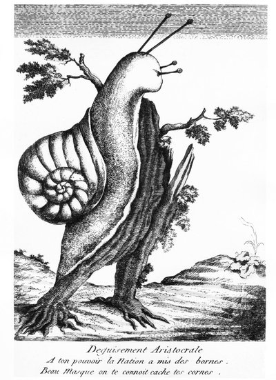 Satirical drawing: aristocratic disguise (a snail on a stump): 