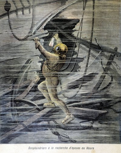 Diver looking for wrecks in Le Havre. Illustration of the Petit Journal of 1892. by Unknown artist