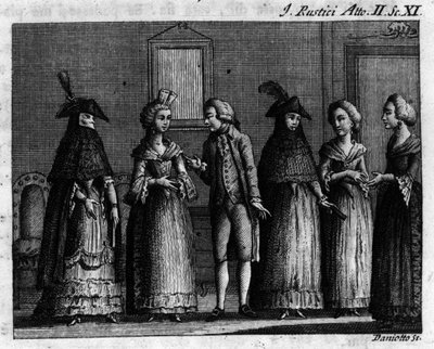 Scene 11 of Act II of the comic piece “I rustici” (Les rustres) (1760) by Carlo Goldoni (1707-1793). Engraving of the 18th century by Unknown artist
