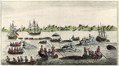 Scene of whale fishing in Greenland in the 18th century, anonymous popular print of the period by Unknown artist