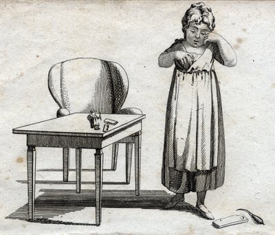 Schoolgirl looking to do her homework. Engraving late 18th century. Private collection. by Unknown artist