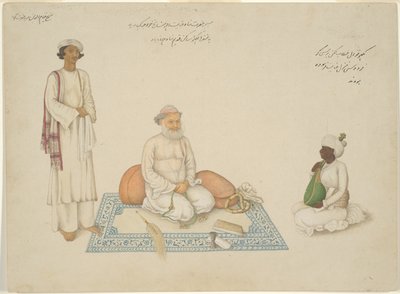 Shah Inayat Allah of Sind with his Musician Makkhu and his Attendant Shaykh Qiyam al-Din, page from the Fraser Album by Unknown artist