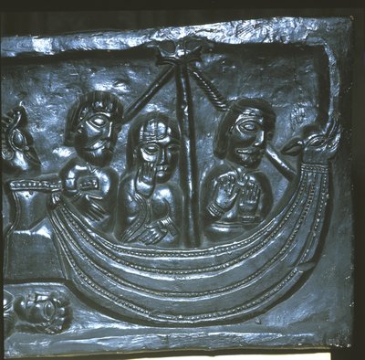 Ship in the 12th century. Detail of the Winchester Cathedral. First known representation of a modern stern rudder. One or two oars were previously used on the sides of the stern. by Unknown artist