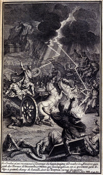 Jupiter Drops His Thunder at the Feet of the Horses of Diomede, Illustration of Book XIV of the Iliad of Homer by Unknown artist