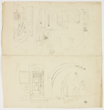 Sketches of Doorway, Figures, Building with Side Entrance to Church (recto); Sketch of Spire (verso) by Unknown artist