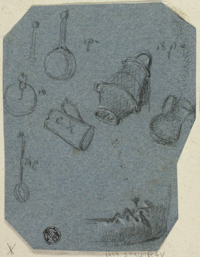 Sketches of Kitchen Utensils, Bent Arm (recto); Historical Scene (verso) by Unknown artist