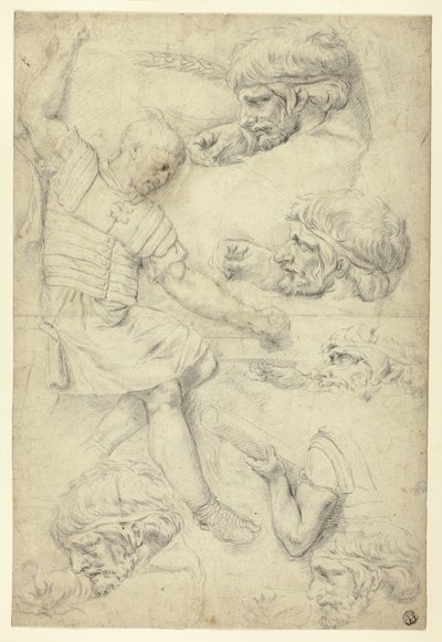 Sketches of Soldier, Heads, from Roman Relief (recto); Sketches of Male Nudes, from Roman Relief (verso) by Unknown artist