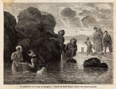 Small fishing activities on a beach in Sinagawa, children splash in the water and catch crabs and small fish. Engraving to illustrate the voyage to Japan, in 1863-1864, by Aime Humbert, minister of the Swiss Confederation, in 