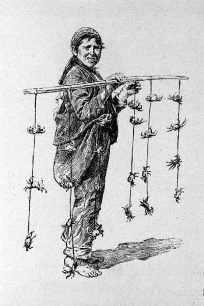 Small metier: a child seller of crabs. Sicily engraving of the 19th century by Unknown artist