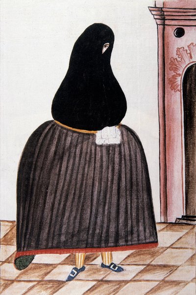 Spanish woman wearing a shale covering her face, from "Trujillo del Peru" or "Codex Martínez Compañón", by Baltazar Martinez Compañón y Bujanda, bishop of Trujillo (1782-1785) by Unknown artist