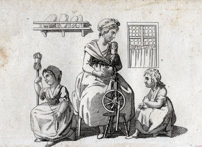 Spinning: mother and her daughters spinning wool. End engraving of the 18th century. Private collection. by Unknown artist
