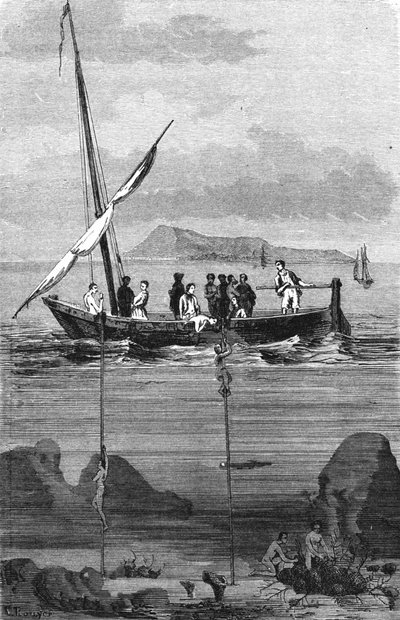 Sponge fishing along the coast of Syria: divers descend to pick up the sponges by hand. Engraving of the 19th century by Unknown artist