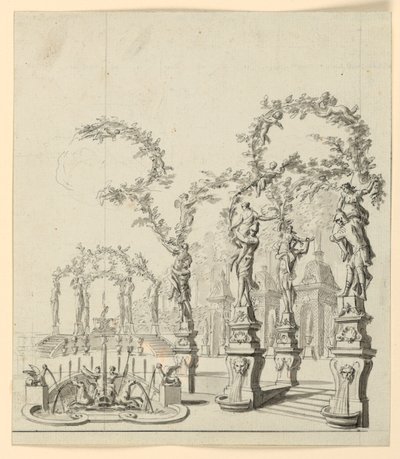 Stage Design: Garden Architecture with Fountain and Sculptures by Unknown artist