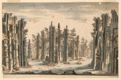 Stage Design, Group of Ruined Buildings with Obelisks by Unknown artist