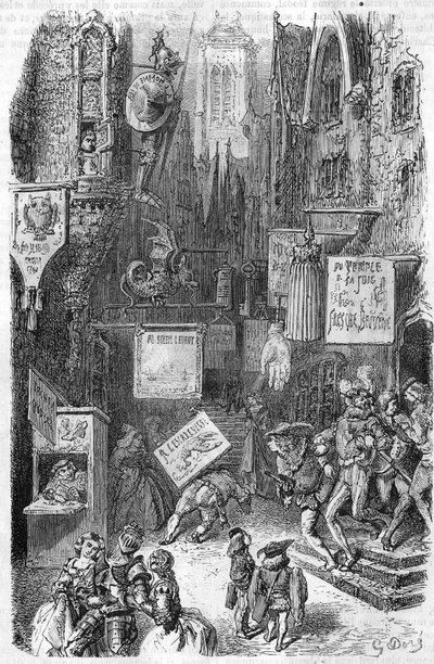 Street scene in the Middle Ages. 19th century engraving by Unknown artist