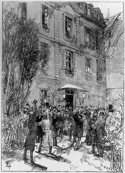 Student demonstration in honor of Michel Eugene Chevreul at the Jardin des Plantes in Paris. Engraving in 