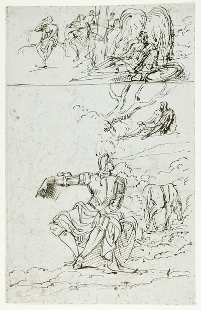 Study Sheet with Seated Knight (recto); Standing Male Figure in Medieval Dress (verso) by Unknown artist