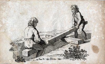 Swing: two children on a butt tape. Engraving late 18th century. Private collection. by Unknown artist