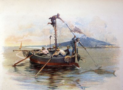 Swordfish harpoon fishing in the Strait of Messina in Sicily. Watercolour 1898 by Unknown artist
